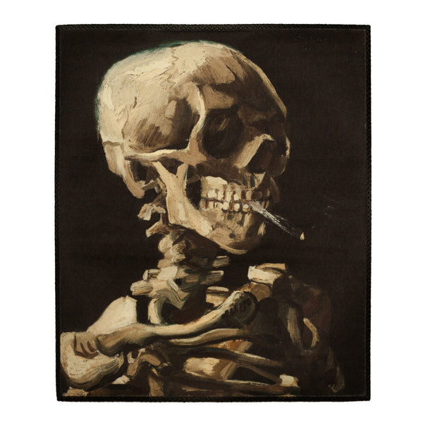 Head of a skeleton with a burning cigarette backpatch